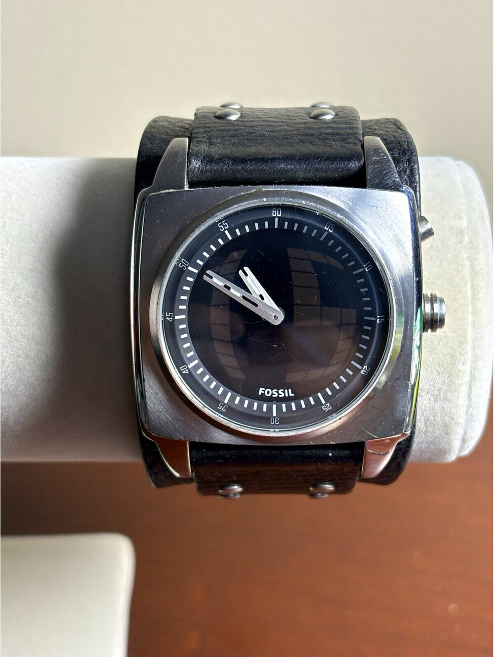 Vintage Fossil Big Tic Watch BG2189 Square Case Black Leather Wide Cuff Band